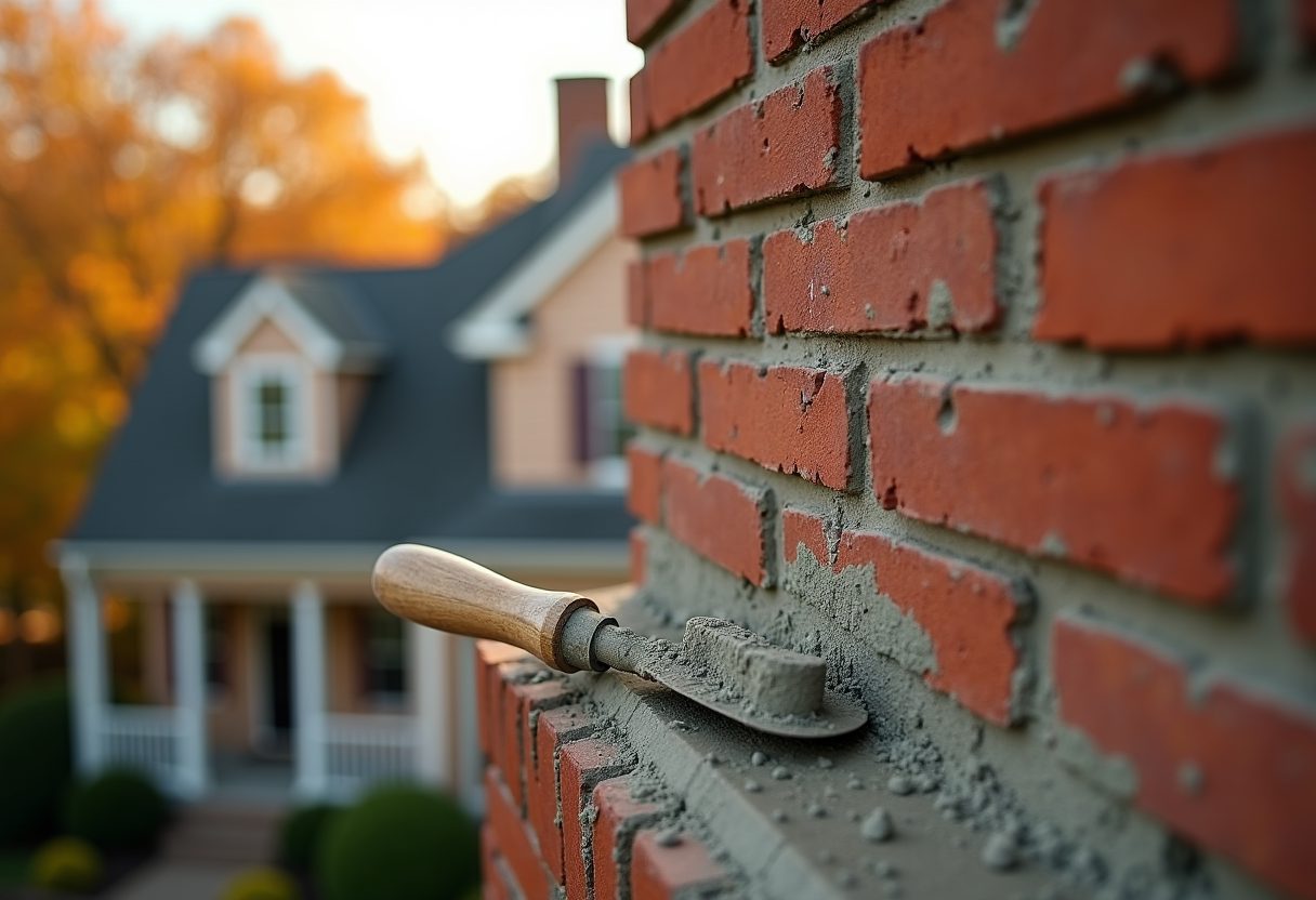 Fresh tuckpointing on a red-brick chimney